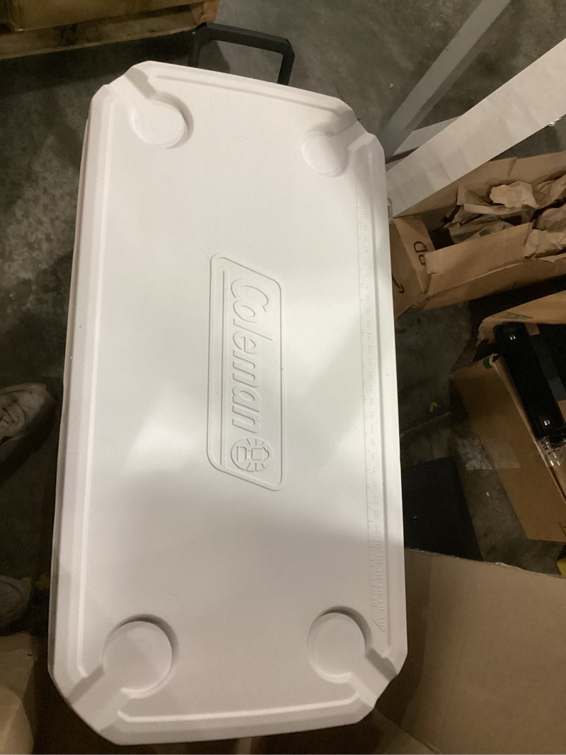 Condition photo showing As Is for coleman marine cooler with fully insulated uv guard lid & body, keeps ice for 3+ days, great for boating & fishing, 52qt/100qt wheeled/120qt options
