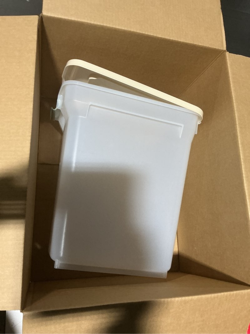 Condition photo showing As Is for iris usa 42 lbs / 55 qt weatherpro airtight pet food storage container with attachable casters  for dog cat bird and other pet food storage bin  keep fresh  translucent body  clear/almond