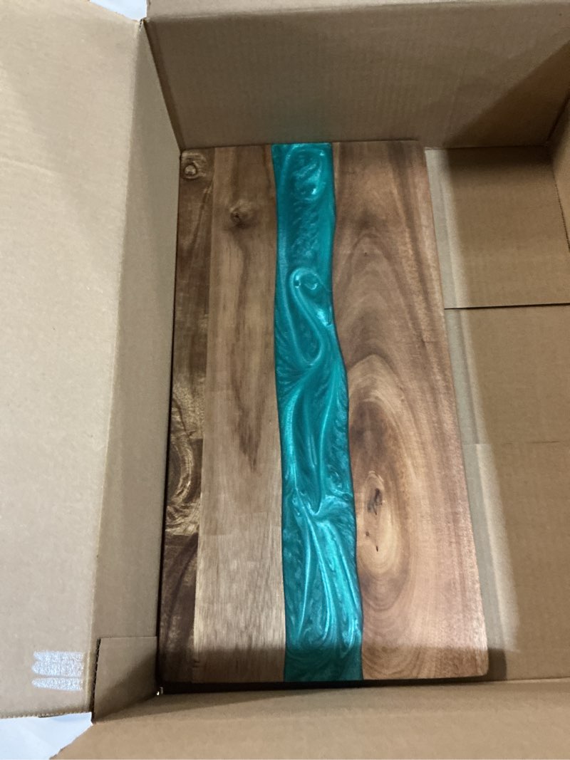 Condition photo showing Good Condition for Acacia Wood Resin Charcuterie Board,18 * 9 inch,Expoxy Resin Ocean Blue Wave Pattern Cutting Board for Kitchen and Mini bar,Reversible Board for Meat, Cheese, Bread, Vegetables, Fruits