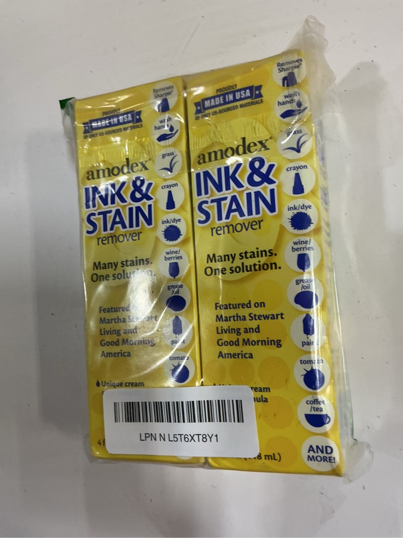 Condition photo showing New/Like New for ((Unknown Expiration Date))Amodex Ink & Stain Remover for Clothes, Leather and Skin - Removes Ink, Ballpoint, Sharpie, Grease and More, Works on Set-in Stains, Gentle but Powerful, 4oz/120ml Bottle (Pack of 2) 4 Fl Oz (Pack of 2)