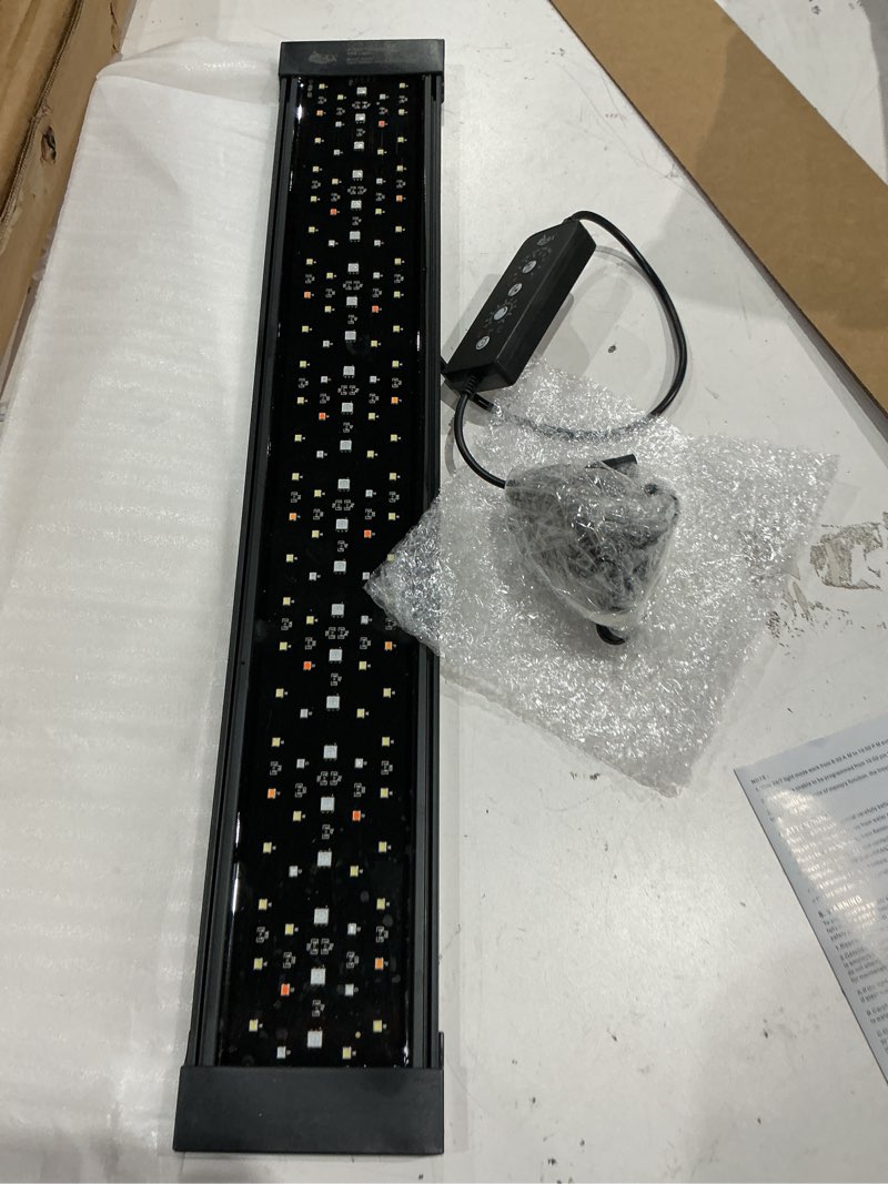 Condition photo showing As Is for aqqa led aquarium light, 24/7 mode ip68 waterproof extendable bracket fish tank light, diy mode full spectrum aquarium plant light, adjustable timer/brightness memory function for 12-18 inch fish tank 12w for 12-18 inch fish tank