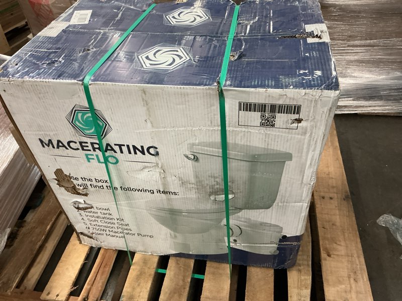 Condition photo showing As Is for macerating 2-piece toilet with 750w macerator pump in white, 1.6 gpf single flush, 16.5 in. seat height, extension pipes
