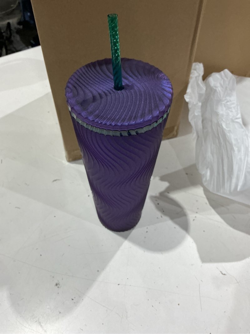 Condition photo showing Good Condition for (4 pieces)starbucks wavy plastic cold cup, 24 oz, reusable tumbler with straw and lid, textured wave design, bpa-free, purple with embossed siren logo