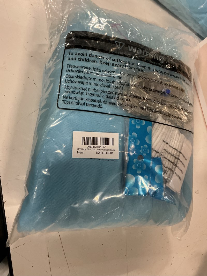 Condition photo showing New/Like New for 9ft baby blue tulle table skirt for rectangle or round tables 2-layer ruffle tulle tutu cloth desk table skirt with led lights for birthday party baby shower wedding decorations l 9(ft)*h 30in baby blue