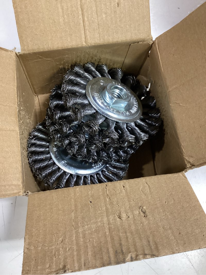 Condition photo showing New/Like New for 4 inch twist knotted wire wheel brush set for angle grinder, 0.02in carbon steel wire, 5/8 inch-11 threaded arbor - rust & weld scale, heavy-duty conditioning for various metals (4)