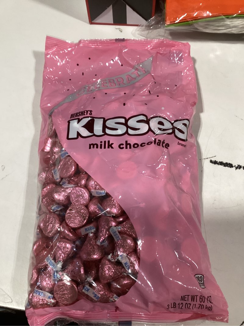 Condition photo showing New/Like New for HERSHEY'S KISSES Milk Chocolate Candy Bulk Bag, 60 oz Pink 60 Ounce (Pack of 1)