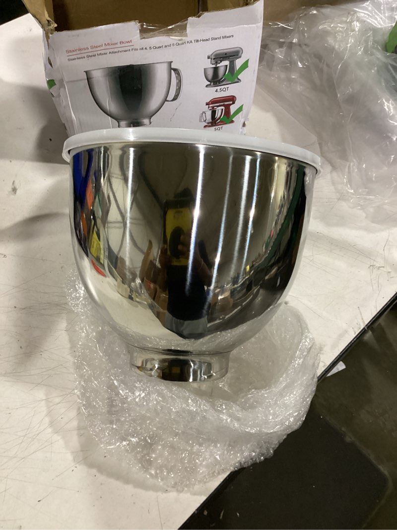 Condition photo showing Good Condition for 5qt stainless steel mixer bowl for kitchenaid 4.5 & 5 quart tilt-head mixer | seamless polished stainless steel bowl, dishwasher & oven safe fits kitchenaid 4.5/5qt ksm103 ksm110 tilt-head mixers 5 qt(4.8l)