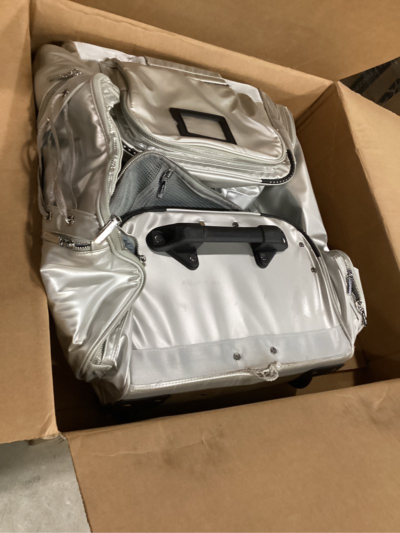 Condition photo showing As Is for fanwoli 23" dance bag with garment rack, anti-tipping competition duffel | luminous poise collection|anti-tipping rack|10-compartment storage|waterproof satin fabric|silent wheels|stage ready moonlight silver