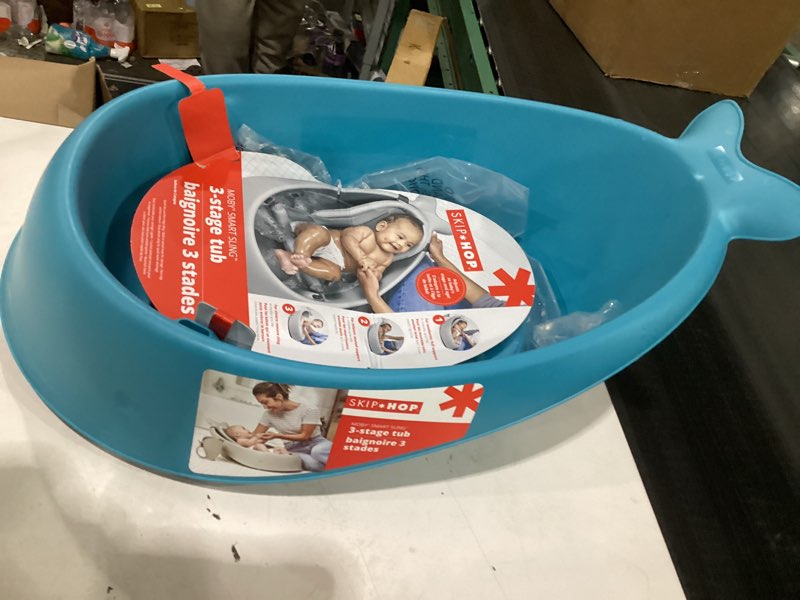 Condition photo showing New/Like New for Skip Hop Infant Bath Tub 3-Stage Grow With Baby Smart Sling MOBY Bathtub Blue Age 0+ Blue Tub