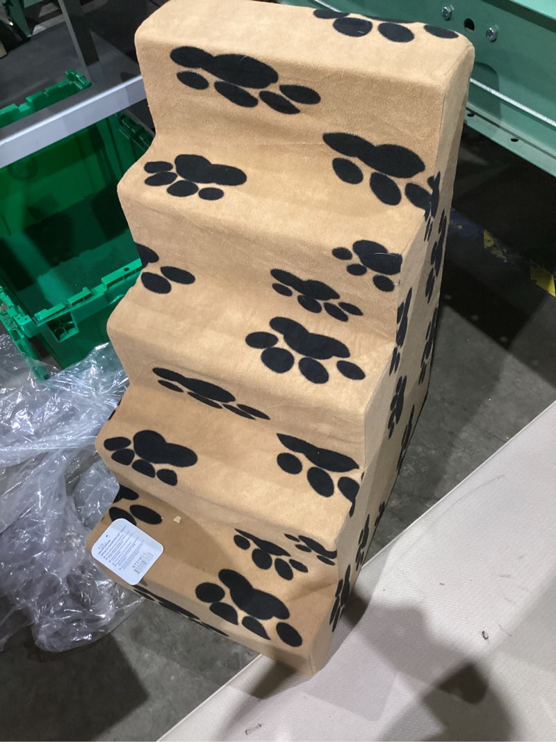 Condition photo showing As Is for best pet supplies dog stairs & steps - foam steps for small dogs & cats, non-slip indoor balanced pet step support, dog ramp, no assembly, paw print on beige.
