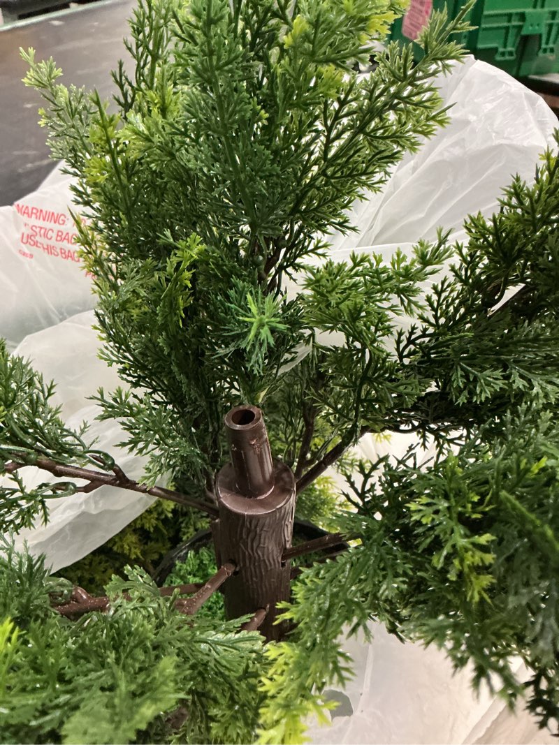 Condition photo showing As Is for 2.3ft artificial cedar topiary trees,2 pack tall faux pine cypress plants for front porch decor,realistic fake plants indoor outdoor faux plants evergreen bushes shrubs for porch garden office