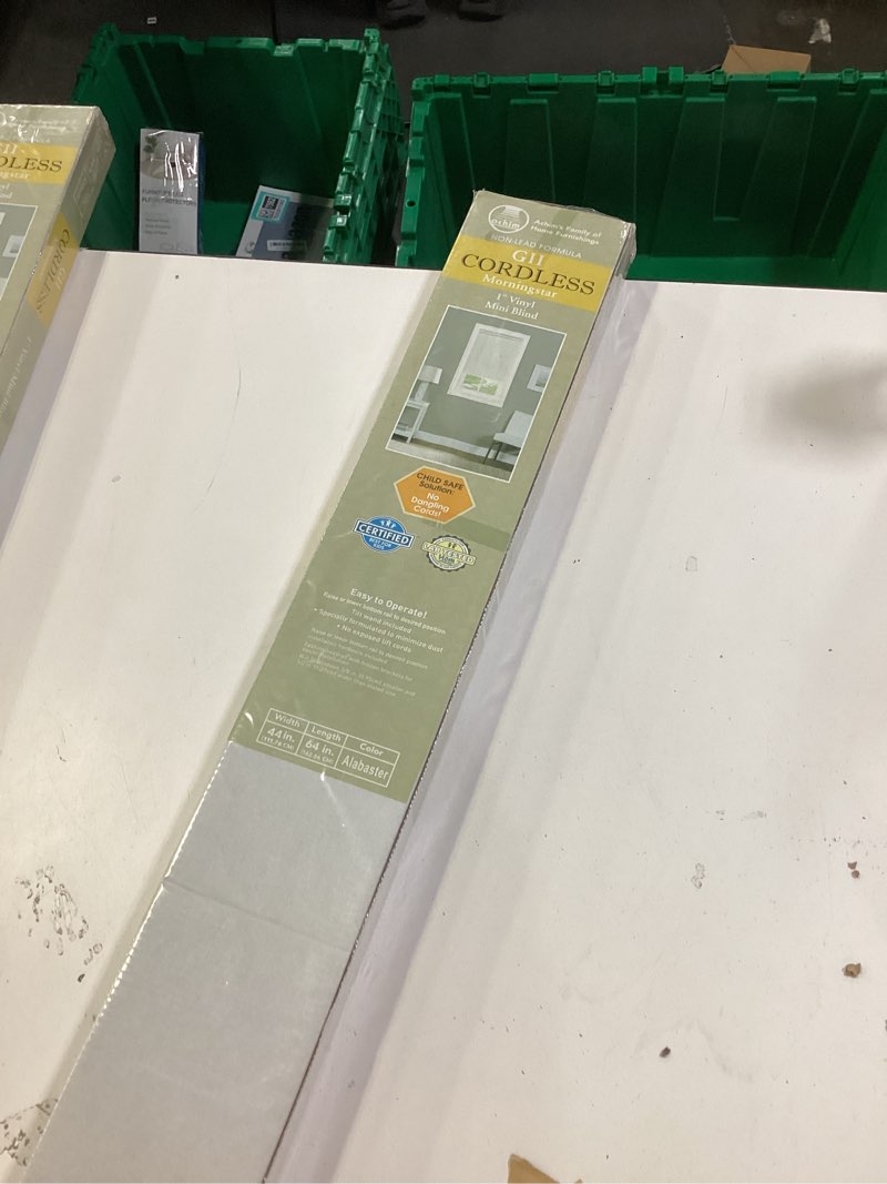 Condition photo showing New/Like New for Cordless Light Filtering Mini Blind - 44 Inch Width, 64 Inch Length, 1" Slat Size - Alabaster - Cordless GII Morningstar Horizontal Windows Blinds for Interior by Achim Home Decor 44"W x 64"H Alabaster