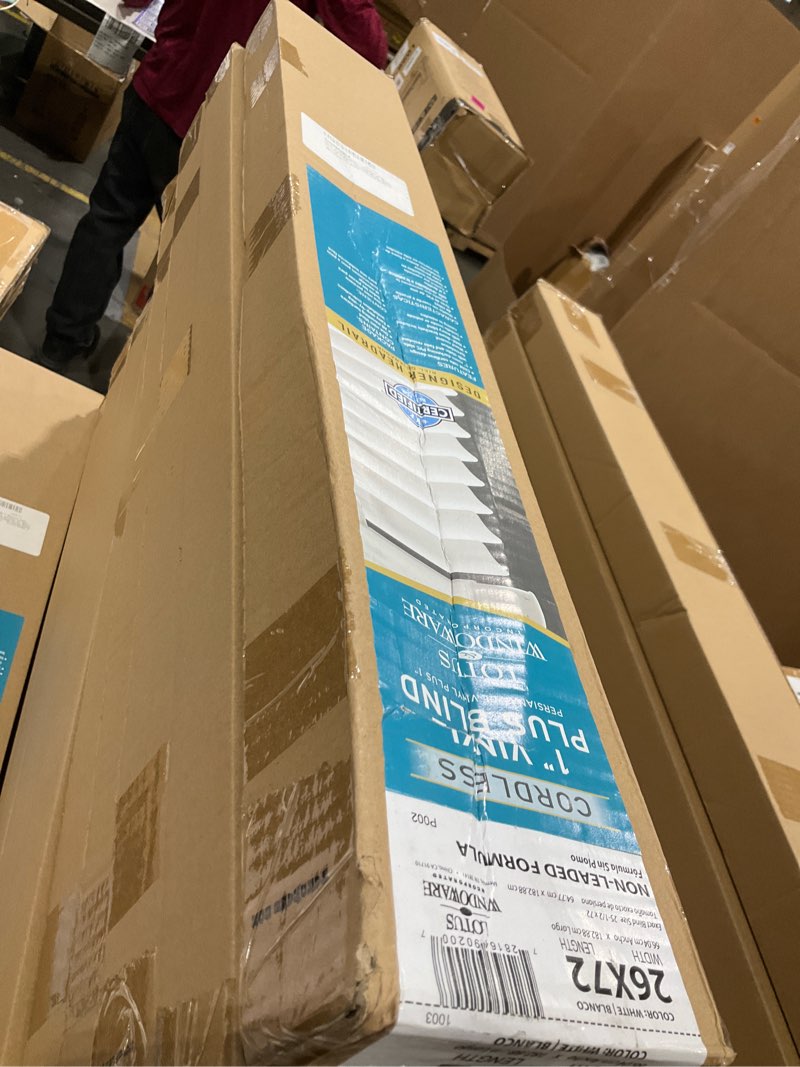 Condition photo showing New/Like New for LOTUS & WINDOWARE Cordless 1" Premium Vinyl Mini Blind, 26" Wide x 72" Long, White, Smooth, Room Darkening, Horizontal Blinds for Living Room, Bedroom, Interior Door Windows 26"W x 72"H White