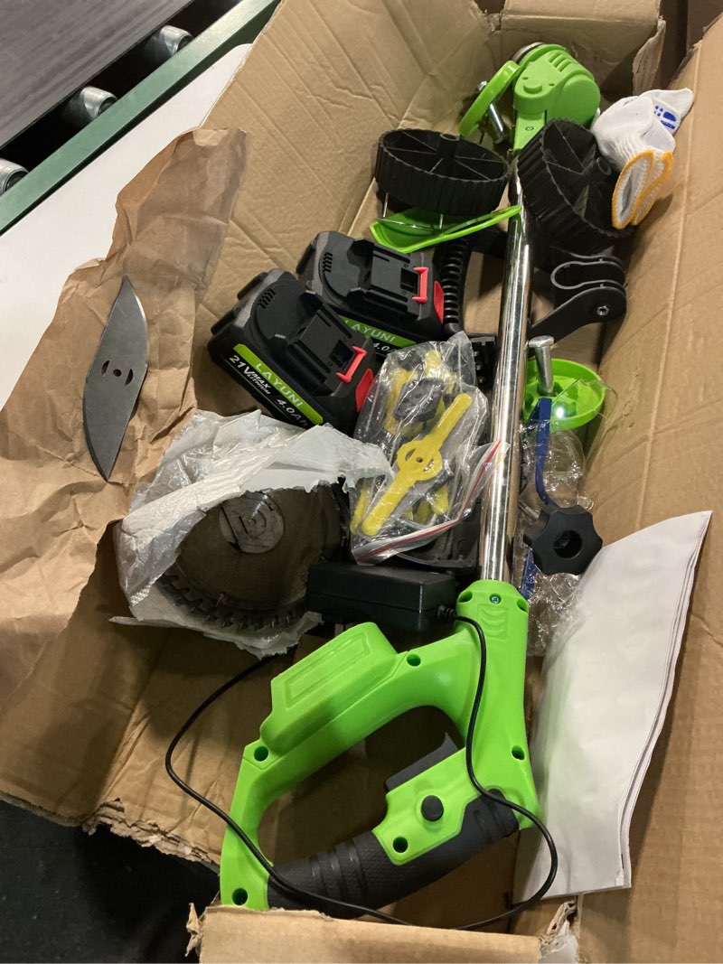Condition photo showing As Is for cordless weed wacker with wheels, 880w electric weed eater with 2 x batteries, 3-in-1 battery powered grass trimmer/brush cutter with 5 types saw blades, lightweight for lawn & garden green
