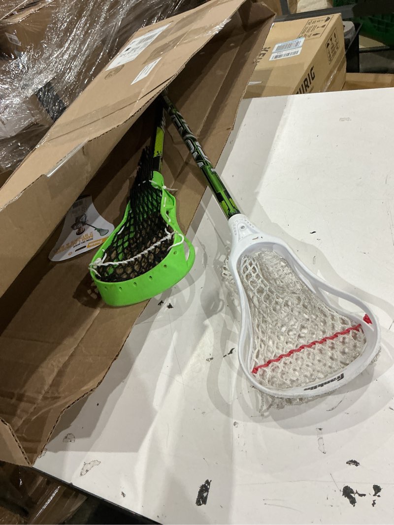 Condition photo showing As Is for franklin sports future champs 2 player youth lacrosse sticks + ball set - kids 32" inch beginner backyard practice lax sticks + lightweight soft lacrosse ball - toy kids lax set green and white