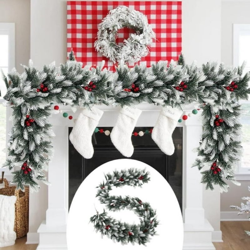 Christmas Garland,6ft Snow Flocked Artificial Frosted Greenery Pine Garland,White Cedar Garland for Xmas Tree, Indoor Mantle, Wall & Door Decorations,Holiday Decor