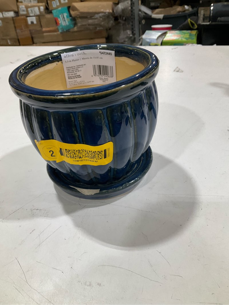 Condition photo showing As Is for  allen + roth round 5.3-in w x 5.3-in l x 4.7-in h blue glaze ceramic indoor/outdoor planter
