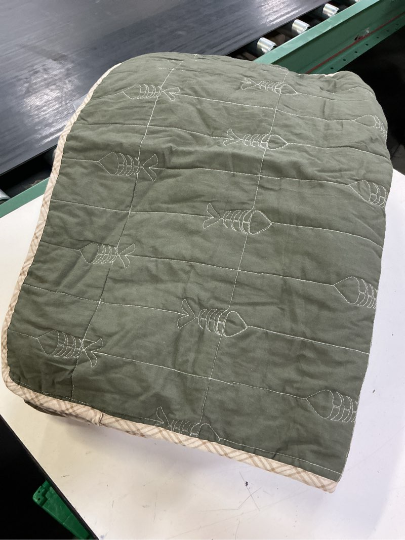 Condition photo showing As Is for eddie bauer - queen quilt set with shams, reversible cotton bedding, lightweight all-season, pre-washed, troutdale green troutdale green queen