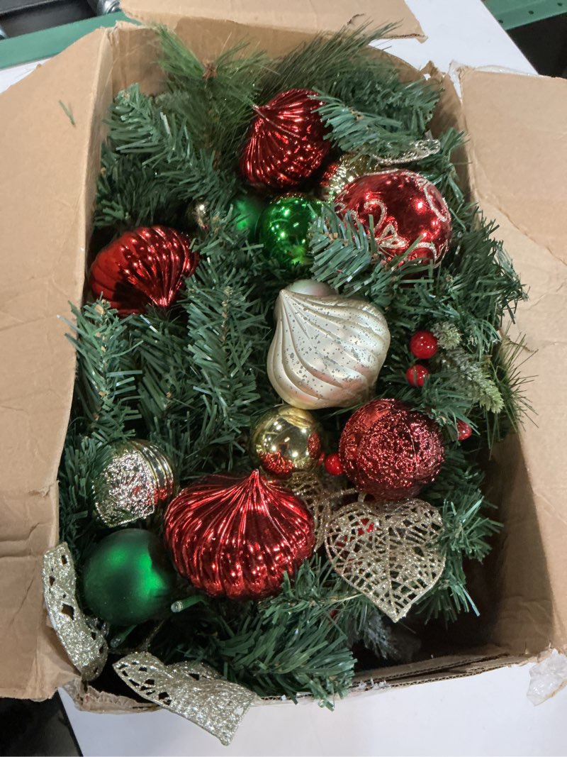 Condition photo showing Good Condition for Valery Madelyn 24'' Pre-Lit Christmas Wreath for Front Door with Light, Collapsible Lighted Outdoor Christmas Wreath with Red Green Gold Xmas Ball for Home Porch Fireplace Window Holiday Decor