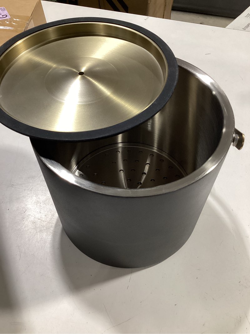 Condition photo showing As Is for incomplete 3.2l/3.4qt modern insulated ice bucket with silicone lid, scoop, strainer, double wall stainless steel ice bucket for parties & cocktail bar,ideal for gift(black) black 3.2 l
