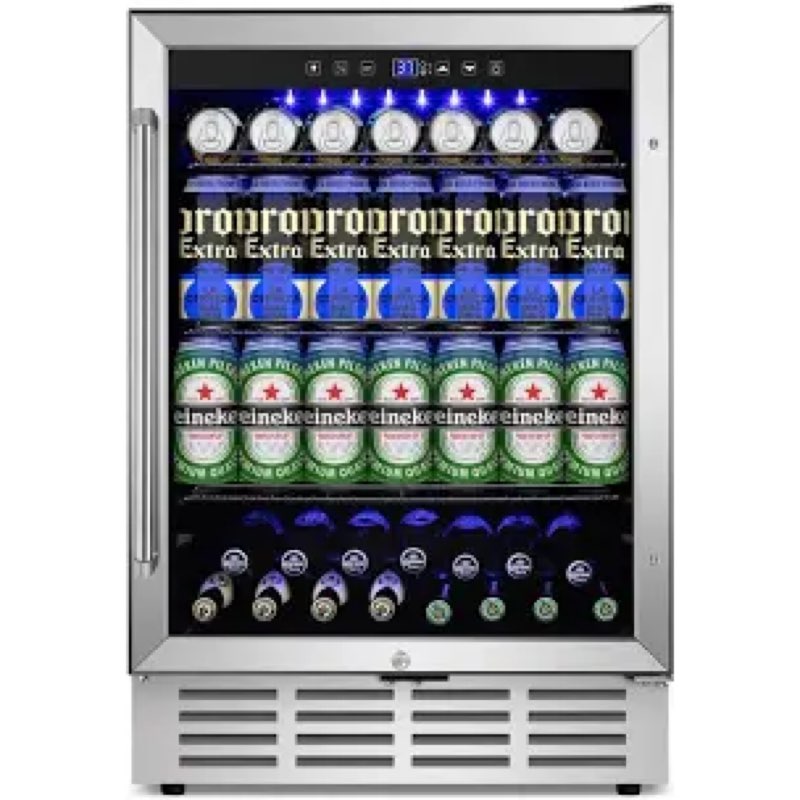 24-inch 210 Can Freestanding/Built-in Beverage Cooler - Energy Efficient, Quiet, Home Bar Fridge with Safety Lock