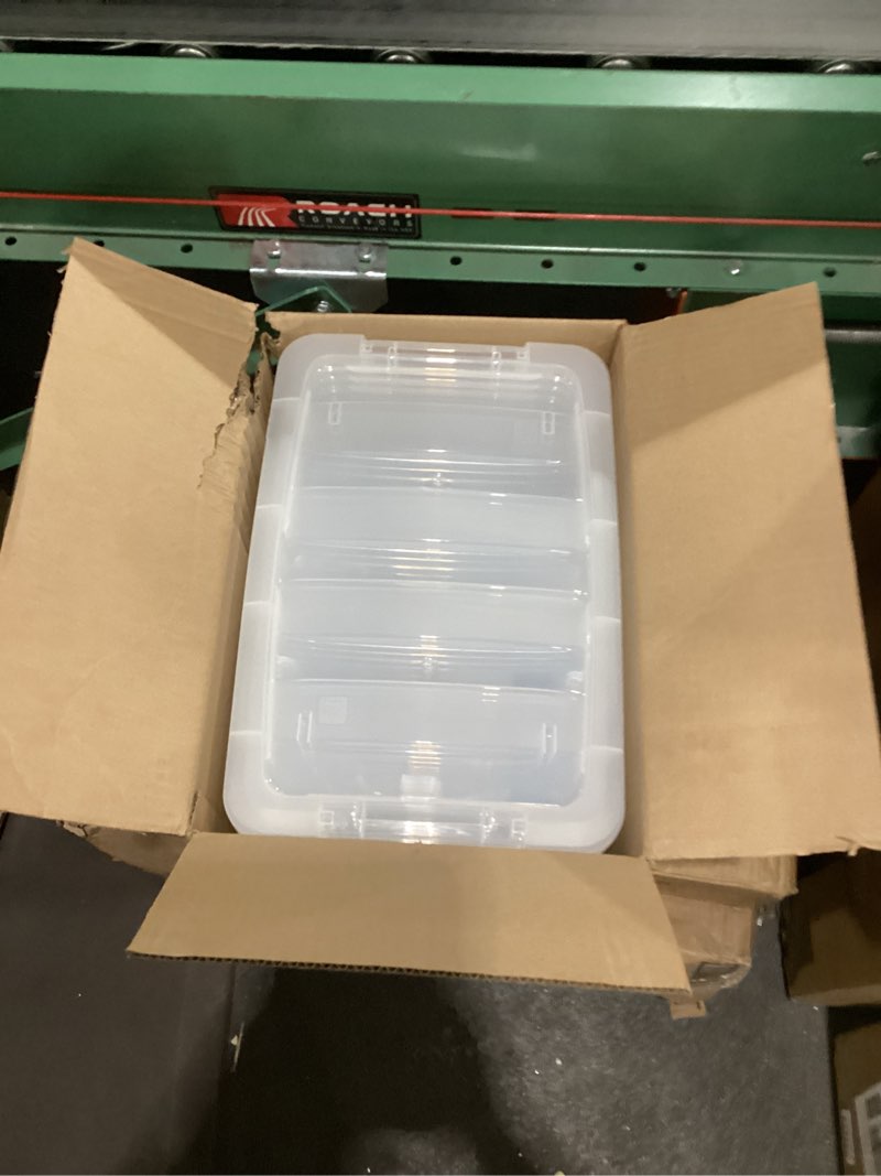 Condition photo showing Good Condition for IRIS USA 4-Pack Storage Bins with Lids, 13 Quart, Made in USA Stackable See-Through Organizing Solution Latches Durable Nestable Containers Secure Pull Handle, BPA-Free Plastic Clear 13 Qt 4 Pack