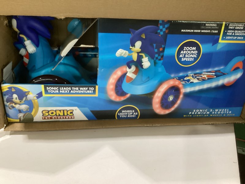 Condition photo showing As Is for voyager - self-balancing toddler kick scooter, 3-wheel scooter with light-up wheels, extra wide deck, foot brake, lean-to-steer design, 75 lb limit, ages 3+ sonic the hedgehog