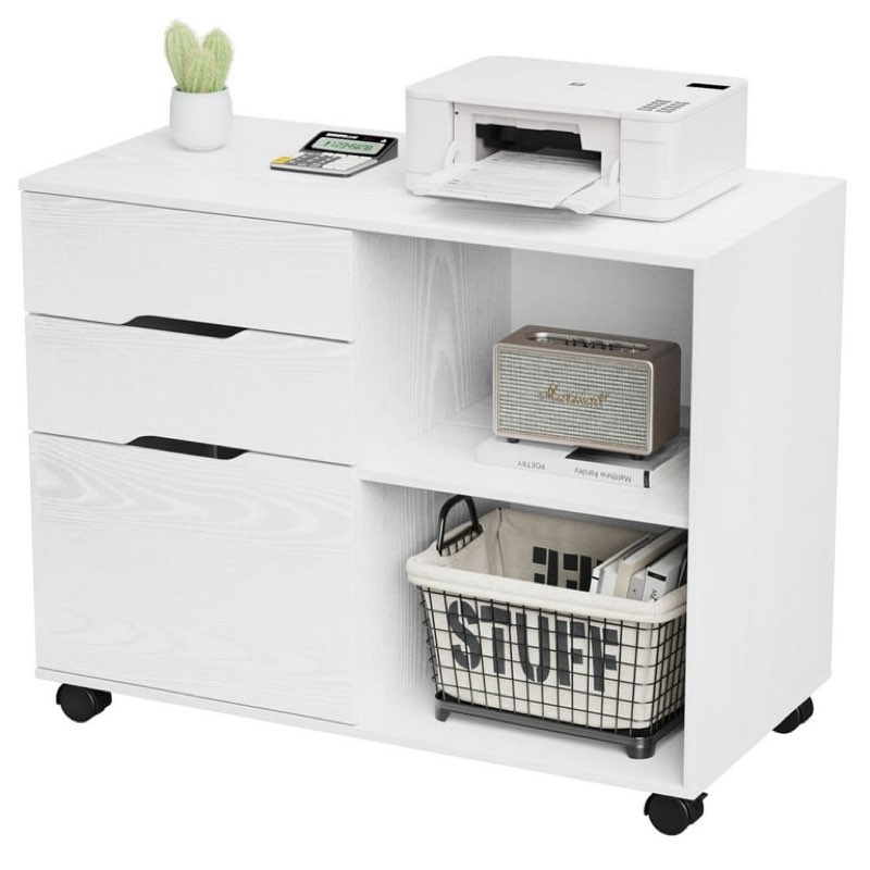 3-Drawer File Cabinet, Lateral Mobile Filing Cabinet Wood Storage Organizer with Wheels, Printer Stand & Open Shelves for Home Office, White