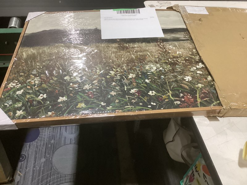 Condition photo showing As Is for gold framed vintage wall art wildflowers field canvas wall art print kitchen farmhouse wall decor (champ fleuri, 16" l x 12" w) 16"l x 12"w champ fleuri