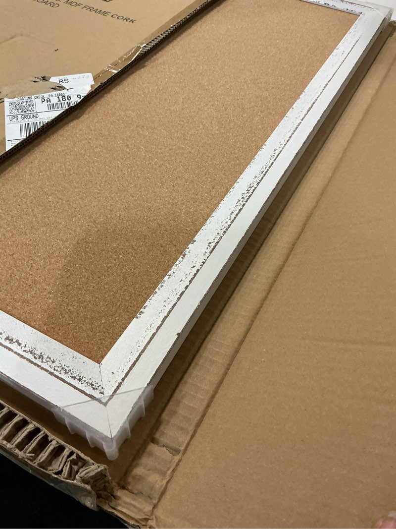 Condition photo showing As Is for DOLLAR BOSS White Cork Board for Wall - 30 X 20 Inches, Rustic Wooden Frame Bulletin Board, Decorative Hanging Pin Board for Office & Home Decor White 30''X 20‘’
