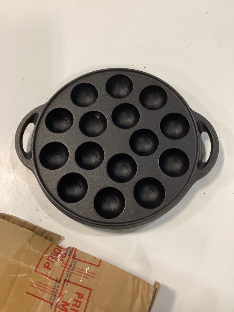 Condition photo showing Good Condition for cast iron pancake pan, non-stick takoyaki pan with 15 holes, escargot plate for snails and meatballs, poffertjes dutch pancake pan takoyaki maker for home kitchen(size:pan only)