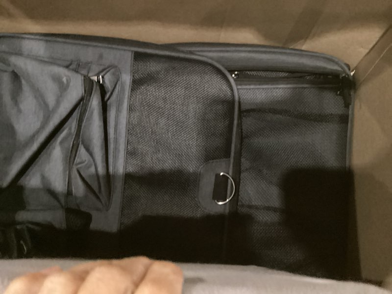 Condition photo showing As Is for cat carrier for 2 cats, foldable double cat and dog carrier, small to medium size, 2 front zippered compartments,two pets carrier for outdoor travel,mulitple cat carrier, grey gray with 2 pocket