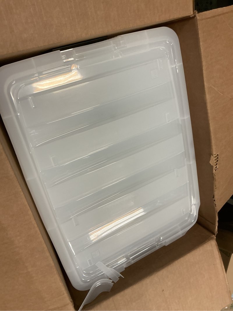 Condition photo showing As Is for IRIS USA 54 Qt Stackable Plastic Storage Bins with Lids, 6 Pack - BPA-Free, Made in USA - See-Through Organizing Solution, Latches, Durable Nestable Containers, Secure Pull Handle - Clear Clear 54 Qt 6 Pack