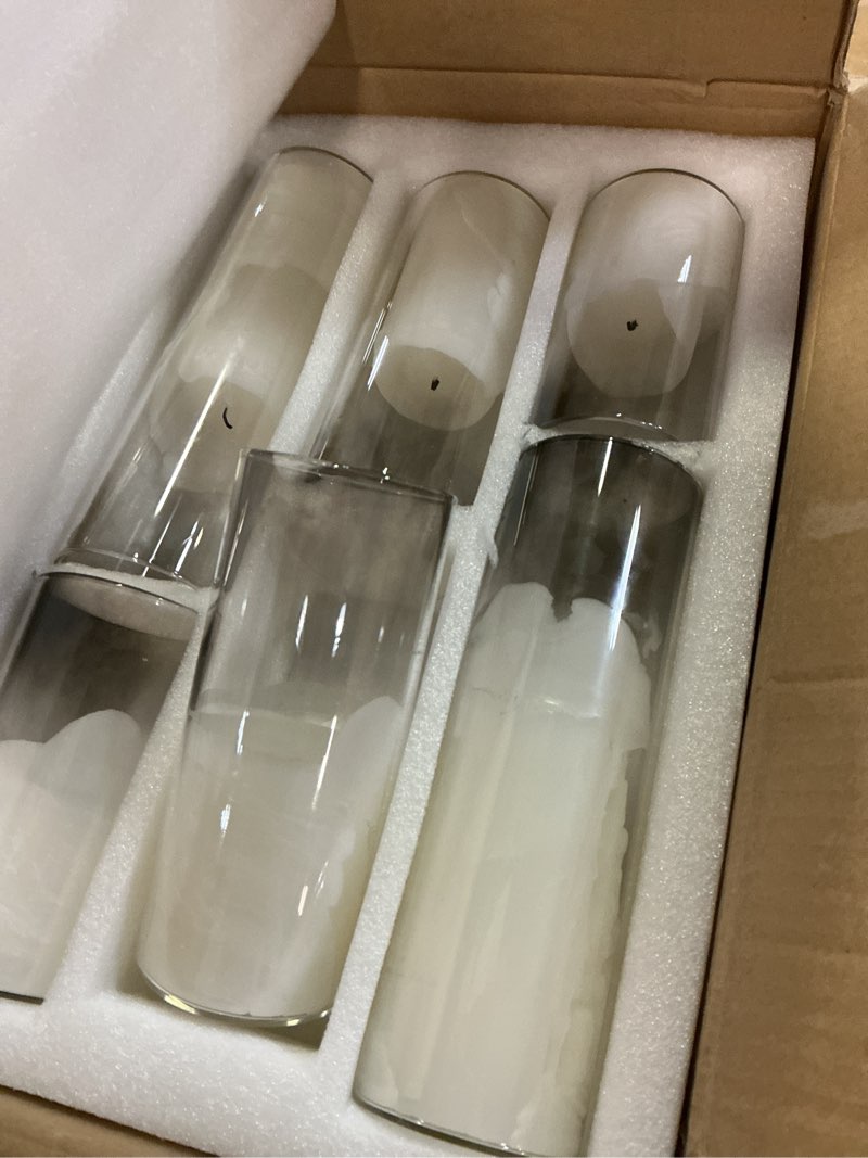Condition photo showing As Is for homjoy 24 pcs white pillar candles with glass candle holders clear hurricane candle holders glass cylinder vases for centerpieces wedding party, event, home office (12 candles+12 candle hoders)
