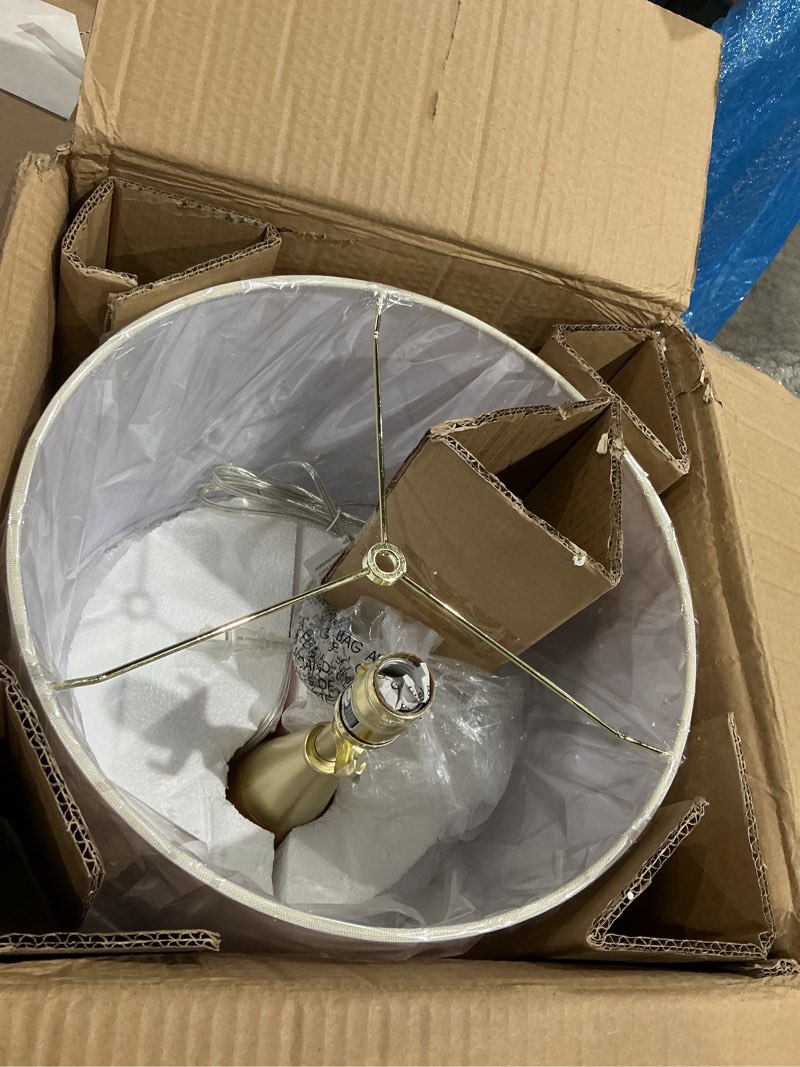 Condition photo showing Good Condition for ink+ivy chrislie gold white mid century modern table lamp , contemporary metal wood table lamps for bedrooms , 13.5"w x 13.5"d x 26"h , gold / brown