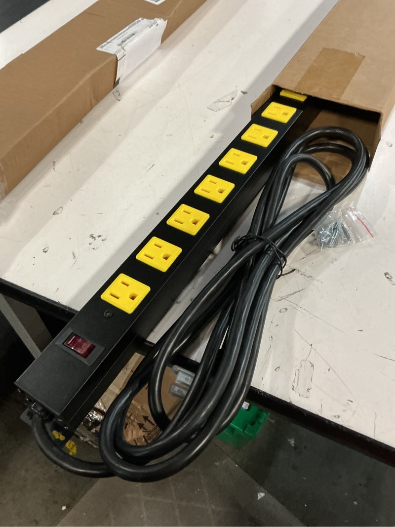 Condition photo showing Good Condition for 20amp power strip surge protector, long metal 8-outlets with heavy duty 20 amp 6ft 12 gauge extension cord for garage workshop & industrial use, 1200j 6 ft 5-15 plug