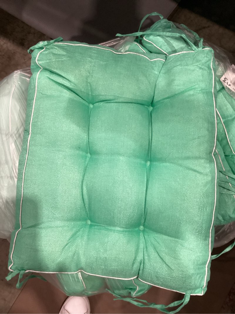 Condition photo showing Good Condition for juexica 4 sets outdoor patio cushions high back outdoor chair cushions rocking cushion patio fastness chair pads with ties for seasonal indoor home office(teal,16 x 16 x 3.5) teal 16 x 16 x 3.5