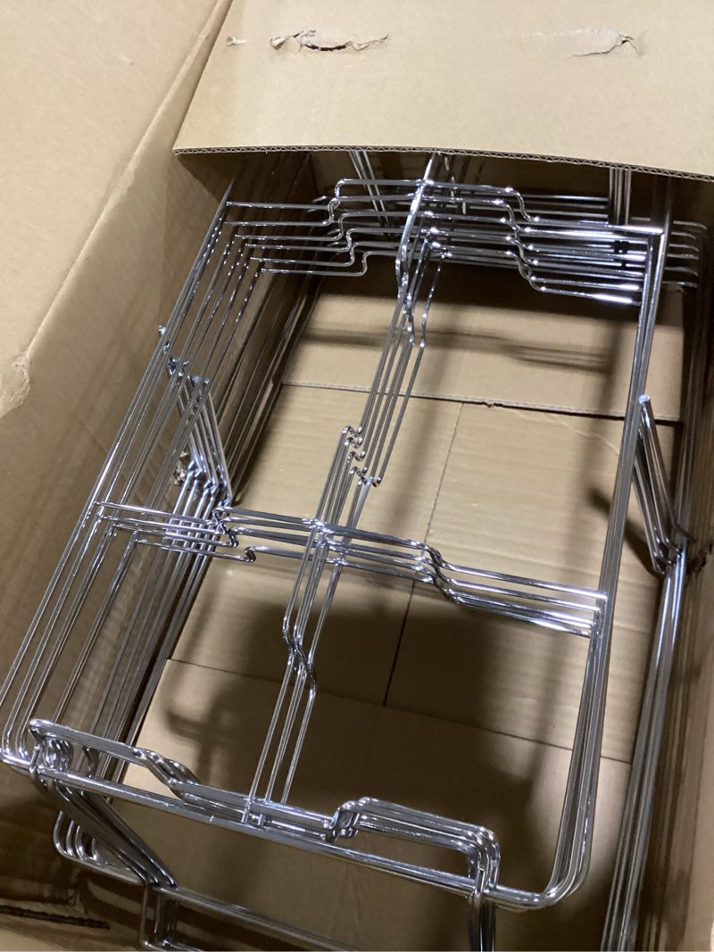 Condition photo showing As Is for 6 pack professional fixed chafing wire rack: heavy duty plated steel chafer stand for full size & half size steam table pans, industry compatible, stackable for catering, weddings & banquets