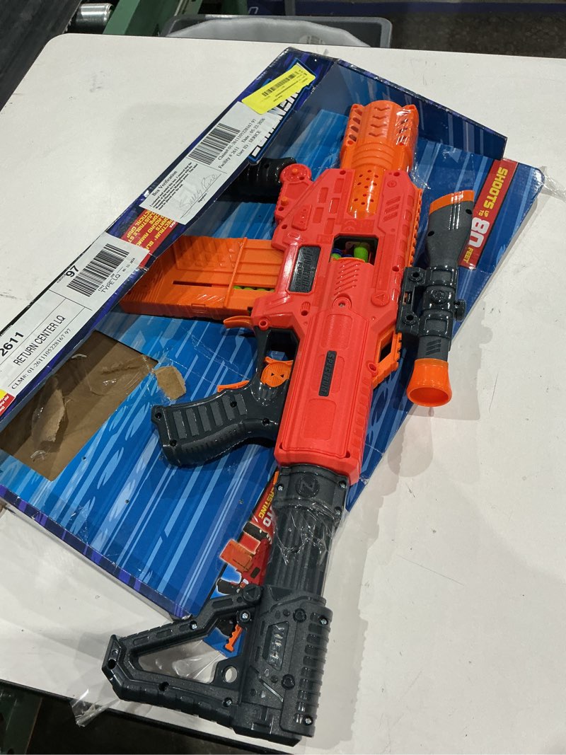 Condition photo showing As Is for adventure force spectrum, motorized clip-fed red foam dart blaster