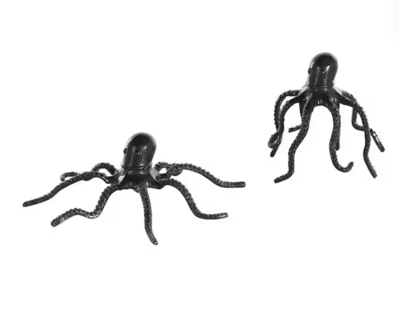Black Aluminum Metal Octopus Sculpture with Textured Tentacles (Set of 2)