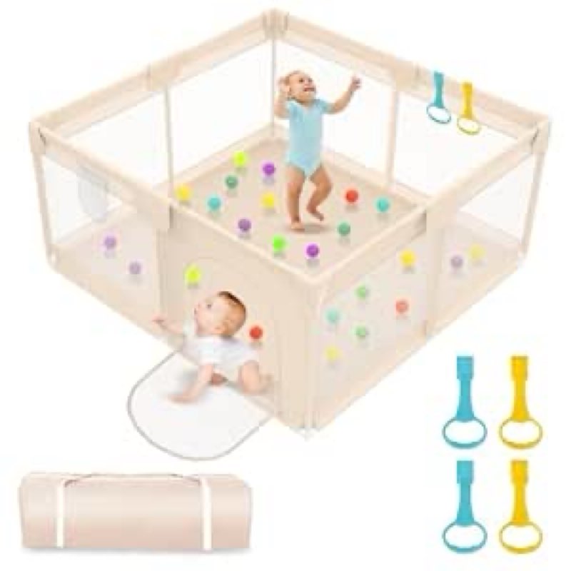 Baby Playpen Foldable, Playard for Babies and Toddlers, Portable Playpen Activity Center with 50 Balls+2 Handles for Travel, Indoor & Outdoor Play Pen with Mesh 59''x71'' Green 59*71 Inch