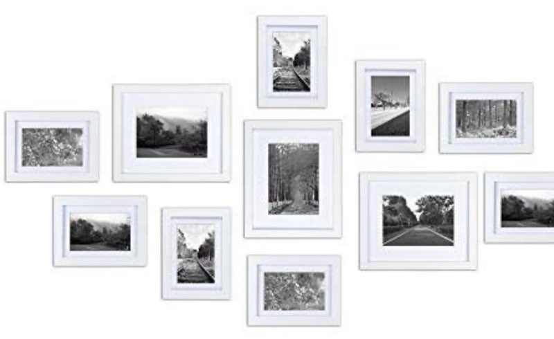 ray & chow white gallery wall picture frames kit,set of 11 frames,solid wood and glass window,made to display 8x10 5x7 without mat or 5x7 4x6 pictures with mat,hanging hardware included
