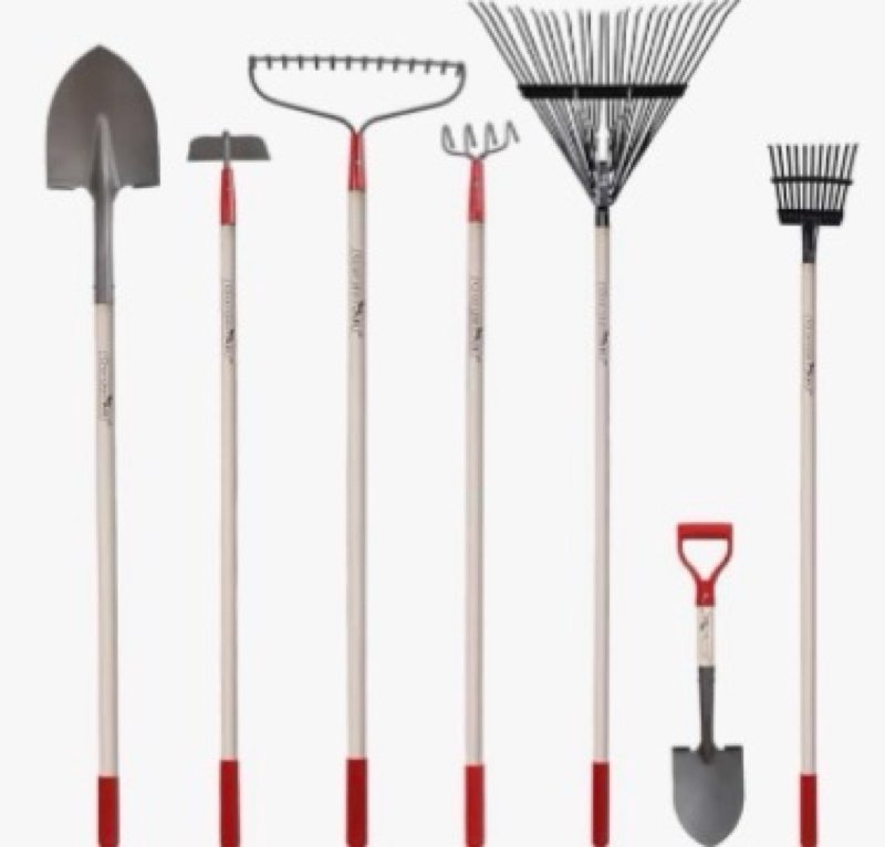 GardenAll 7-Piece Shovels Rakes Hoe Set Garden Tools Gifts for Women Long Wood Handle Pointy Shovels