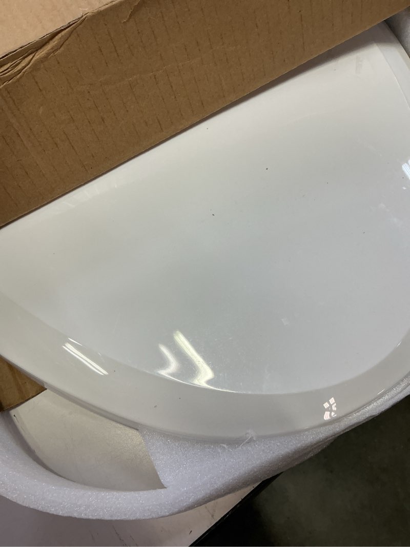 Condition photo showing As Is for 19" elongated toilet seat with built-in potty training seat, soft quiet-close lid with non-slip design, magnetic kids seat in white, easy to install and clean elongated (19?) white, with toddler seat