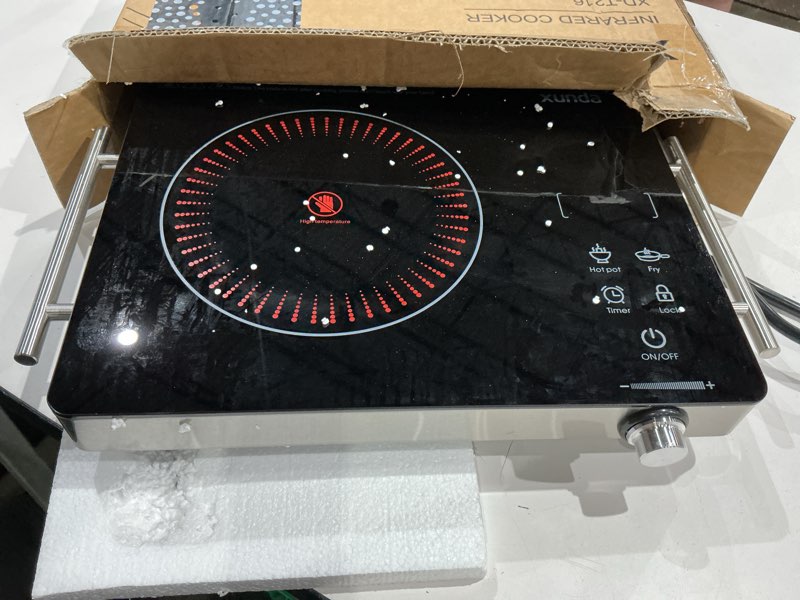 Condition photo showing As Is for 1800w portable electric stove, 110v electric burner with carry handle hot plate, ceramic infrared single burner cooktop, touch & knob control timer, safety lock (black)
