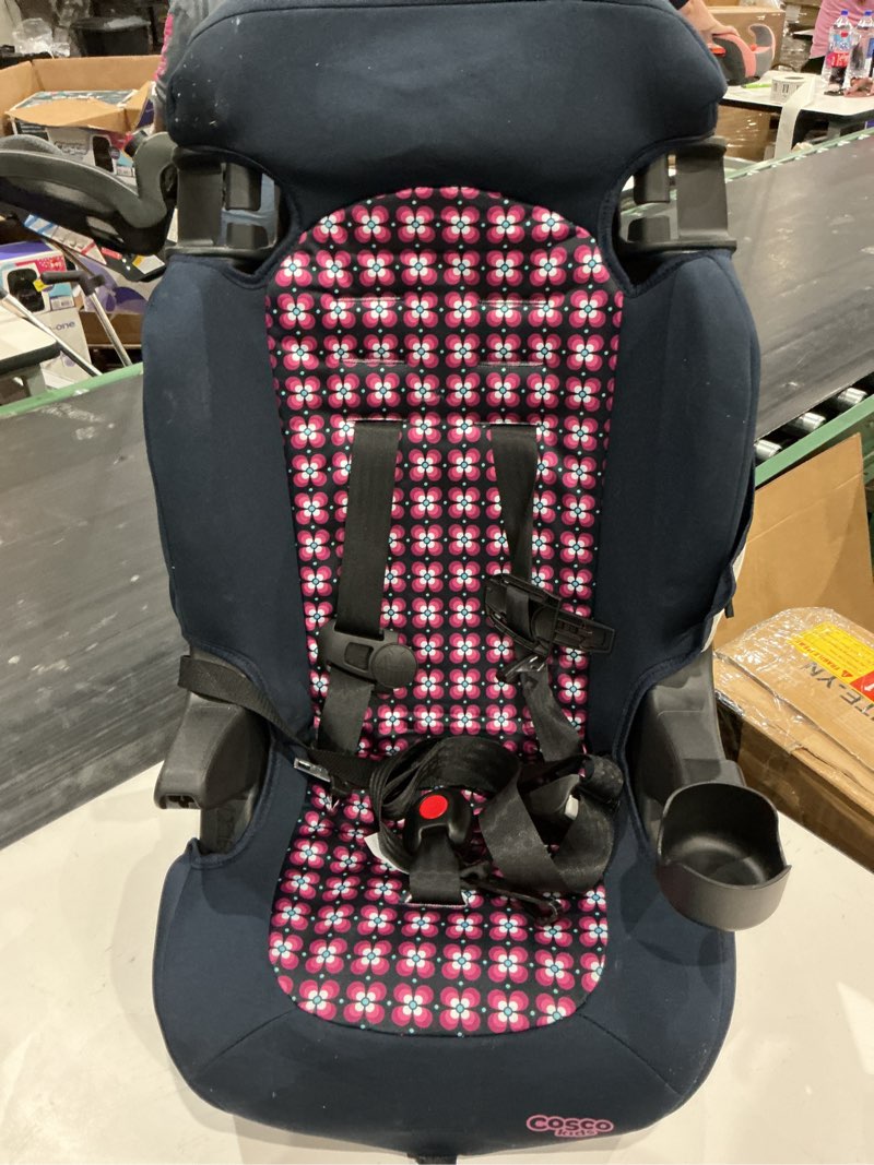 Condition photo showing Good Condition for missing one cupholder cosco kids finale 2-in-1 booster car seat, peony tiles, toddler, unisex