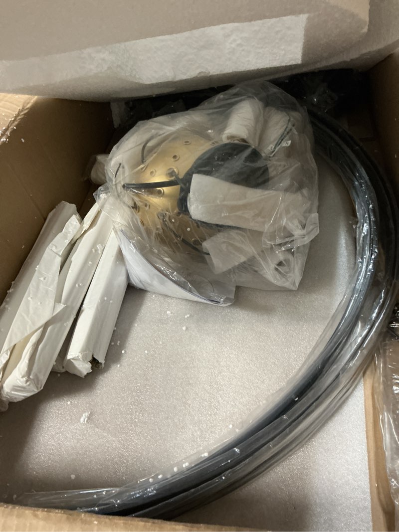 Condition photo showing As Is for 31.5" Black Gold Large Globe Sputnik Chandelier, 16-Light Mid Century Modern Industrial Starburst Golden Metal Satellite Light Fixture for High Ceiling Living Room Dining Room Foyer, E12 Black & Gold, 16-Light Globe D31"