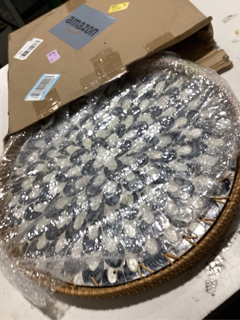 Condition photo showing Good Condition for 16 inch round rattan tray with mother of pearl inlay wicker serving tray with wooden base boho decorative wicker basket for table decor bathroom candle perfume(plume)