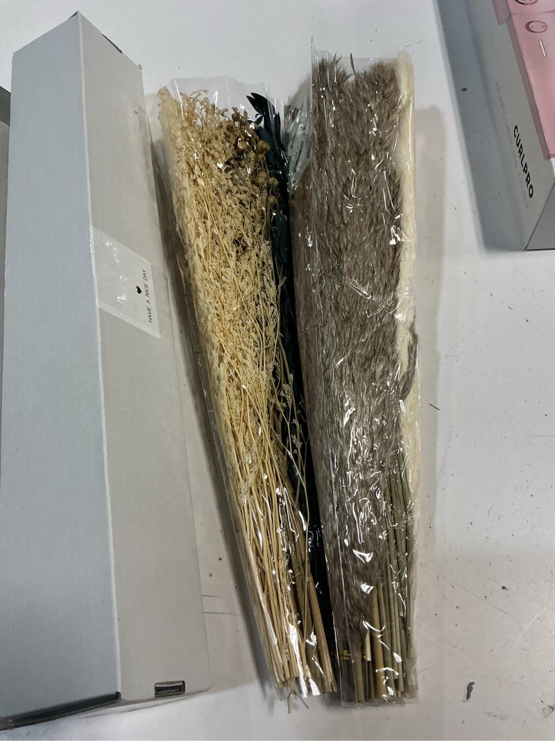 Condition photo showing New/Like New for 117 pcs of boho pampas grass decor, naturally dried pompas, bunny tails dried flowers, and dried eucalyptus. perfect for weddings, boho party decorations, and table decor. 110pcs 14-17inch mixed