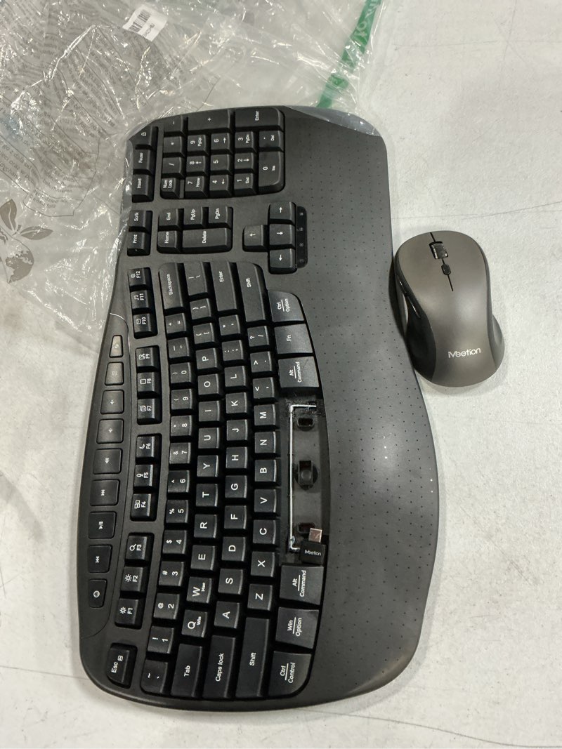 Condition photo showing As Is for meetion ergonomic keyboard and mouse wireless combo, wave keys natural typing, 2.4g usb receiver wireless keyboard with wrist rest, 4 adjustable dpi optical mouse, computer/laptop/windows/mac, black